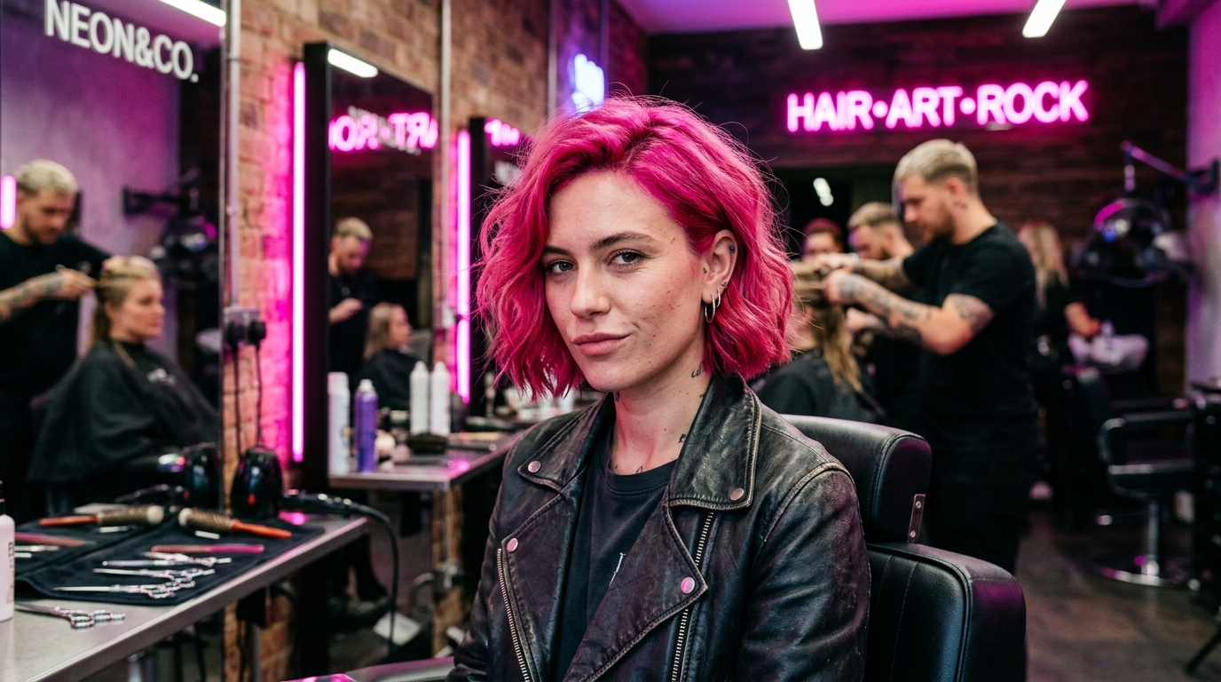 Neon Riot model in salon chair