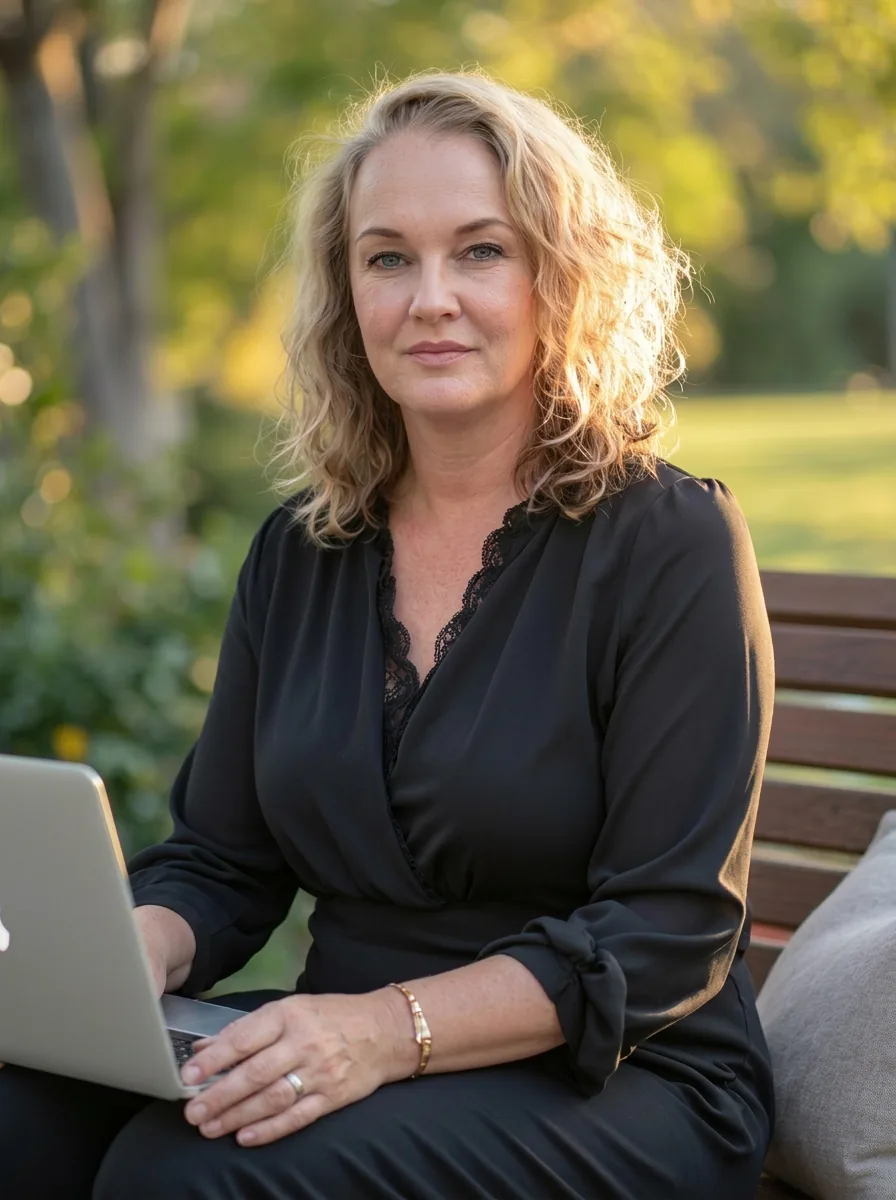 Claudia Mostert buiten met laptop voor Content Lab blog over merkstrategie